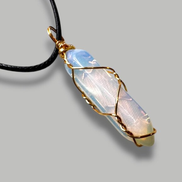 Opalite Crystal Pendant Necklace Black Cord Golden Wire Wrap Calming Soothing - Picture 7 of 9